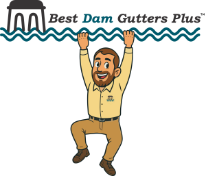 "Best Dam Gutters Plus" Mascot hanging from logo.