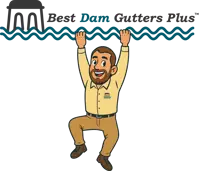 "Best Dam Gutters Plus" Mascot hanging from logo.
