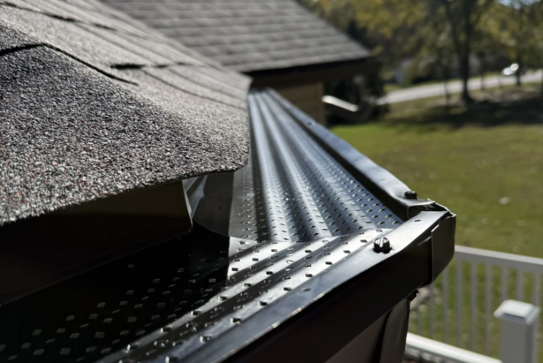 Shurflo gutter guard in Troy, IL with royal brown gutters